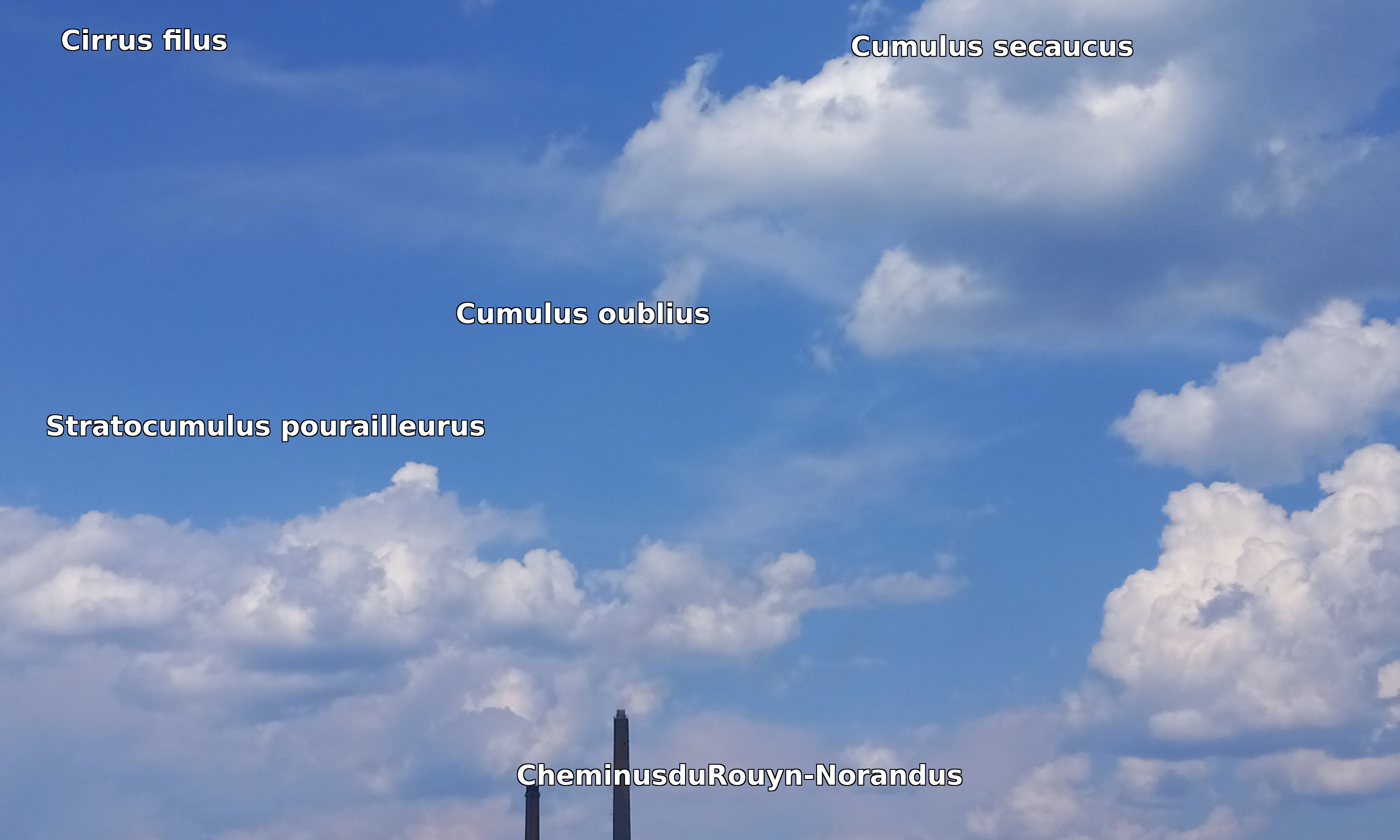 Ciel bleu avec nuages, chacun nommé en latin de fantaisie : Cirrus filus, Cumulus secaucus, Cumulus oublius, Stratocumulus pourailleurus. En bas, deux cheminées industrielles étiquetées CheminusduRouyn-Norandus.